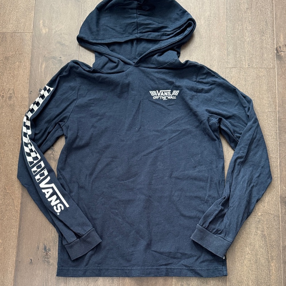 Vans Boys Medium Navy Checkerboard Sleeve Lightweight Hooded Long Sleeve Shirt